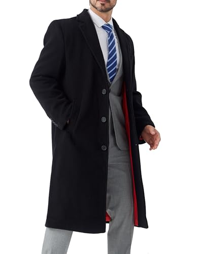 Image of Mens Black Wool Winter Overcoat - Cashmere Blend Long Topcoat Jacket, Classic 3-Button Dress Coat