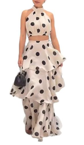 Wuitrie Summer Sexy 2 Piece Skirt Sets for Women Off-Shoulder Crop Top and Tiered A-Line Maxi Skirt Sweet Date Set Polka Dot