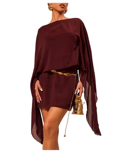 MakeMeChic Women's Boat Neck Cape Sleeve Mini Dress Ruched Bodycon Elegant Short Dresses