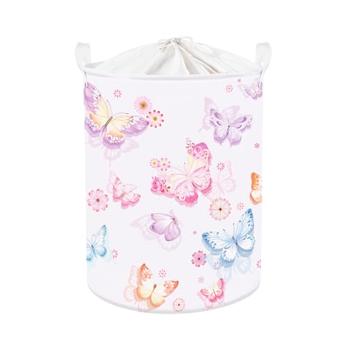 Image of Clastyle Large Purple Pink Butterfly Laundry Basket Waterproof Flower Clothes Nursery Hamper for Baby Girl Collapsible Toy Storage Gift Basket for Kid Bedroom Decor
