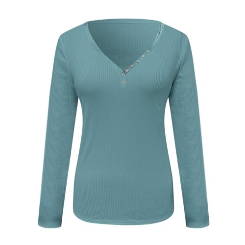 2025 - Camiseta de manga larga con botones y cuello en V para mujer, azul, M