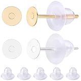 Beebeecraft 200 Pieza de 2 Colores de Pendientes Planos Chapados En Oro de 24 Quilates Y Plata de Ley 925. Base de Acero Inoxidable para Pendientes En Blanco Postes Redondos para Orejas
