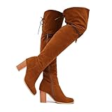 getmorebeauty Women's Over The Knee Thigh High Chunky Heel Boots Side Zipper Suede Lace-up Long Stretch Sexy Winter Boots Shoes (US10, Brown)