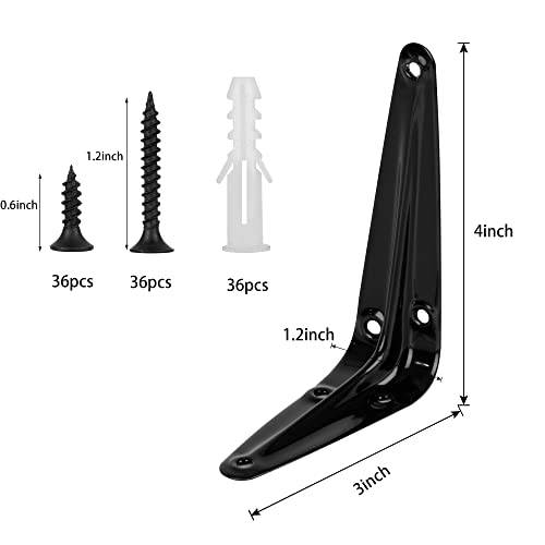 12Pack Shelf Brackets Heavy Duty Black Metal Floating Shelves Bracket 4 x 3 Inch Rustic Farmhouse Decorative Iron L Bracket J Brackets Wall Joint Angel Corner Brace for Wood Shelves Hanging with Screw - Image 2