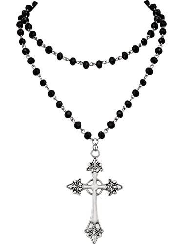 Sacina Goth Layered Cross Necklace, Gothic Emo Grunge Y2k Necklace, Black Bead choker, Goth Jewelry, Christmas Jewelry Gift For Women