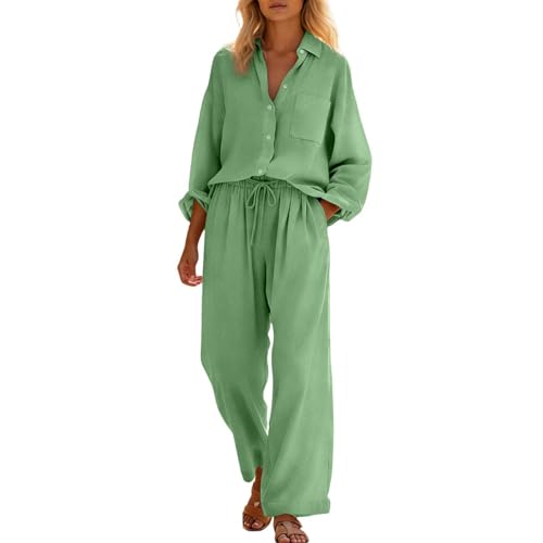 Conjunto de lino para mujer con pantalón largo y camisa de manga larga para verano cómodo
