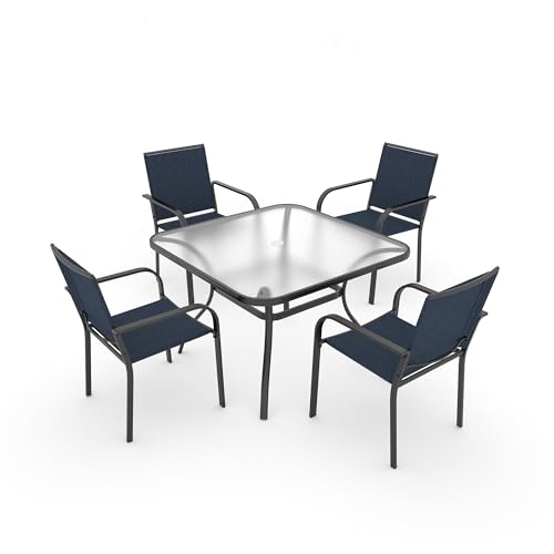 Image of Anmutig 5-Piece Outdoor Patio Dining Set 37-Inch Square Glass Table with 4 Stackable Chairs for Lawn Backyard and Deck, Blue