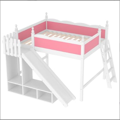 Image of Full Size Loft Bed with Storage Shelves, Cabinet & Detachable Slide and Ladders, Solid Wood Kids Loft Bed for Space-Saving, Playful & Organized Bedroom (Light White+Pink2, Full)