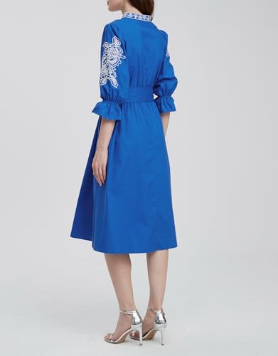 Kedera Womens Midi Summer Dresses Casual 3/4 Sleeve V Neck High Waisted Embroidered Cotton Flowy Dress 2025 with Pocket3