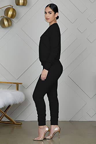 Oceanlux Women’s Solid Color Two Piece Outfit Long Sleeve Crewneck Pullover Tops And Long Pants Sweatsuits With Pockets #TOP2