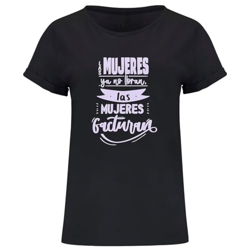 Evyre | Camiseta Manga Corta Mujer | Frase Inspiradora Las Mujeres No Lloran, Las Mujeres Facturan | 100% Algodón | Estilo Moderno | Tallas S a XXL, Estampado Lila | Camisas Mujer En Negro o Blanco