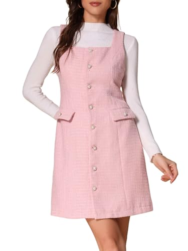 Allegra K Damen Tweed-Kleid Ärmellos Quadratischer Knopfleiste A-Linie Trägerkleid Rosa XS