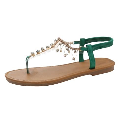 Xbemkste Sandalias bohemias planas con borlas decoradas con perlas y correa ajustable, sandalias de playa elegantes, verde, 39 EU Ancho