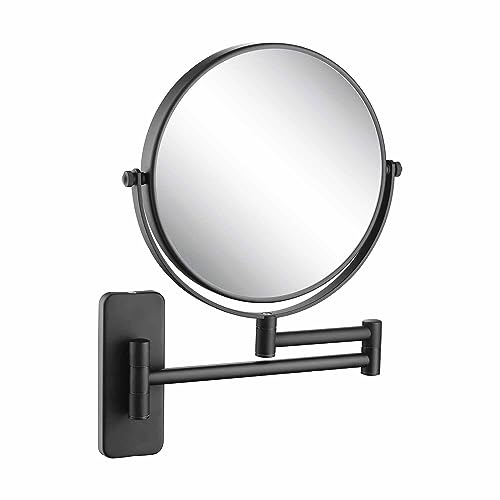 KIBI Circular Wall Mount Makeup Mirror, Dual-Sided 1x/5x Magnifying Mirror with Extendable Arm, 360° Swivel, Solid Brass Construction for Durability and Style (Matte Black - KMM100)