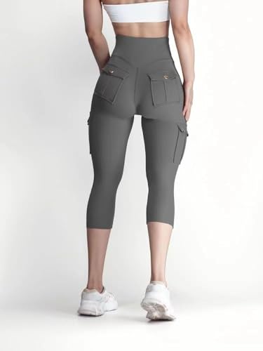 Sumleno Cargo Capri Leggings with Pockets for Women High Waist Tummy Control Scrunch Butt Lifting Workout Running Pants3
