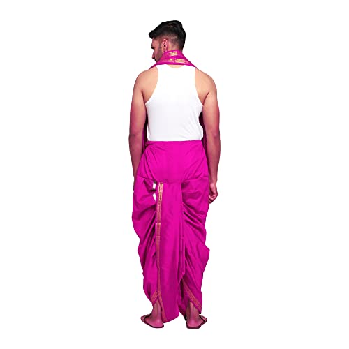 Image of Rameshwaram Fabrics Readymade Dhoti for Men, Velcro Style Stitched Mens Silk Dhoti Pant with Stole Set