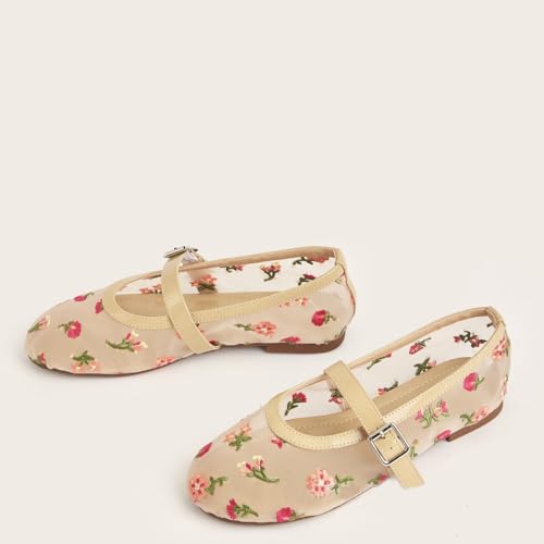 Women's Embroidered Mesh Ballerinas Shoes Round Toe Ballet Flats with Buckle Strap Summer Fashion Flat4