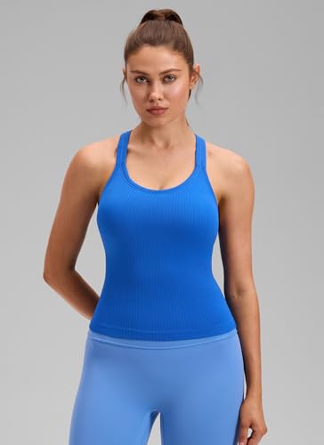 Image of CRZ YOGA Seamless Rib Racerback Tank Tops | Light Support, Built in Bra, Removable Pads, Yoga, Ribbed, High Neck, for Women