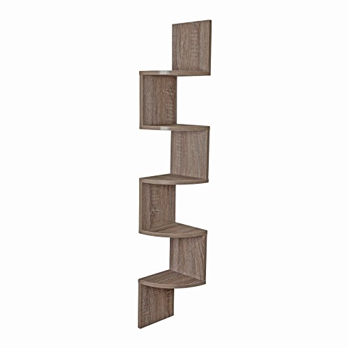 Danya B. Large Rustic Decorative 5-Tier Corner Floating Wall Mount Display Shelving Unit (Weathered Oak)