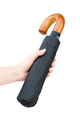 Topline Classic Compact Portable Black Travel Umbrella - Light Wood J-Hook Handle - Image 5