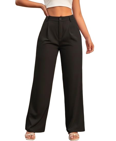 Women's High Waist Wide Leg Trouser, Black, Formal Business Straight Pants-image-47