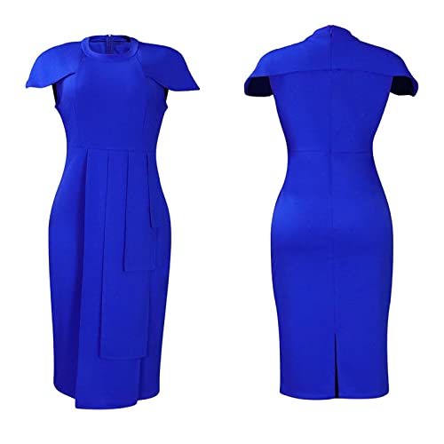 Women's Elegant Pleated Bodycon Dress Crewneck Short Cap Sleeve Formal Work Midi Pencil Dress Blue3