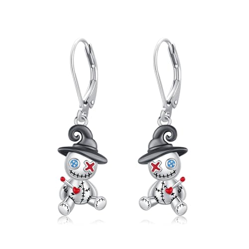Voodoo Doll Earrings 925 Sterling Silver Gothic Dangle Earrings Ghost Doll Earrings Witch Voodoo Leverback Earrings Voodoo Doll Jewelry for Women Halloween Christmas