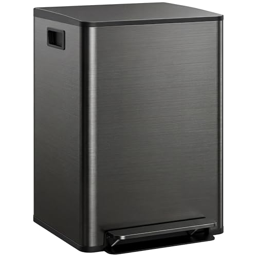 HOMCOM Poubelle à double compartiment 2 x 30L, poubelle de cuisine à pédale tri sélectif en acier inoxydable, seaux intérieurs, couvercle à fermeture douce maintien en ouverture poignées noir brillant