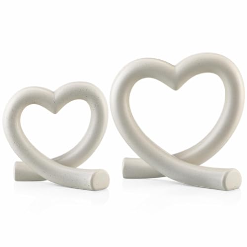 Set de 2 esculturas modernas de corazón de resina beige