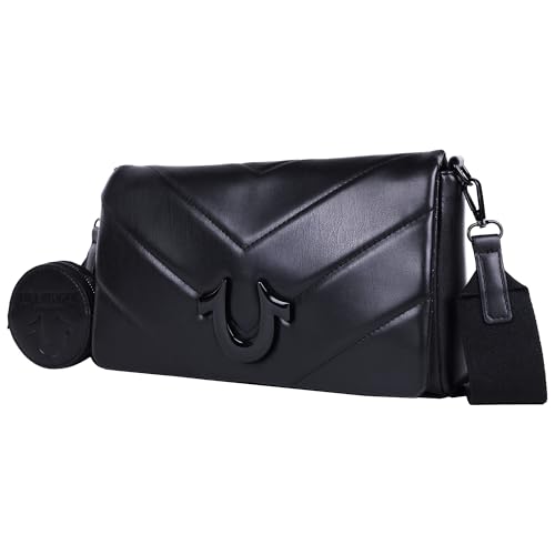 True Religion Crossbody Bag Quilted Flap, Women’s Structured Shoulder Purse, Black