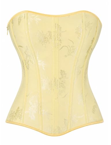 LEACOOLKEY Damen Corsage Korsett Top Bustiers Vollbrust Spitze Corsette Gelb XS