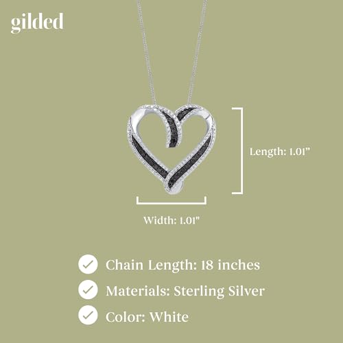 GILDED Sterling Silver Necklace with Natural Round-Cut Black Diamond and Heart Shaped Pendant, 18-inch White Silver Chain, 1/4 Carat Total Weight Diamonds, Elegant Gift Box Included4