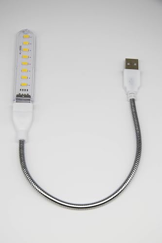 USB LED Light with Flexible Metal Gooseneck, 8 LEDs, White