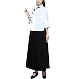 Women's Vintage Chinese Blouse Skirt Sets 3/4-length Sleeve Mandarin Collar Shirt Top Traditional Schoolgirl Costume (Black+White, M)