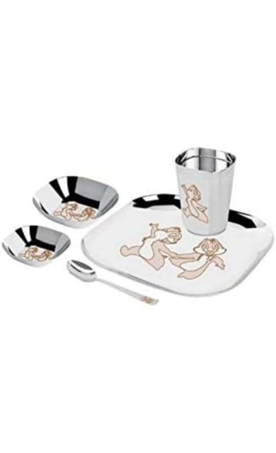 5 pcs Cartoon Laser Print Stainless Steel Kids Dinner Set Square (2 Bowls,1Glass,1 Spoon, 1 Plate)-image-48