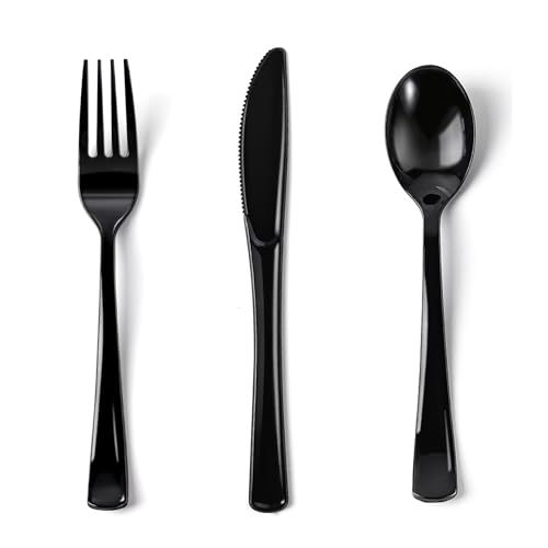 N9R 200PCS Black Plastic Silverware Heavy Duty Black Plastic Cutlery Set Disposable Flatware Dinnerware 100 Forks 50 Knives 50 Spoons for Outdoor Events Party Wedding and Daily Use