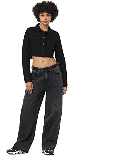 Image of ONLY Women Black Solid Cropped Denim Jacket