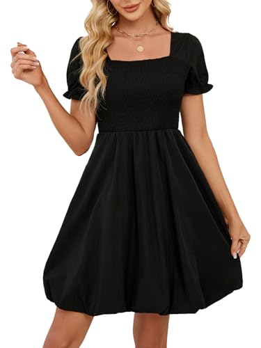 Lyrur Women's Summer Bubble Dresses 2025 Trendy Casual Short Sleeves Square Neck Cute Aline Tiered Sundresses with Pockets