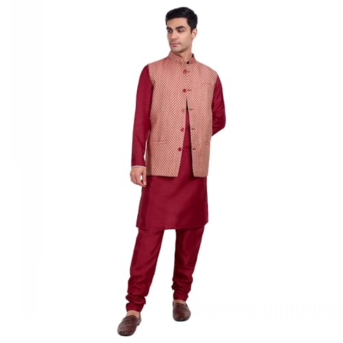 Image of Silk Blend Men's Kurta & Pant With Nehru Jacket Wedding Waistcoat