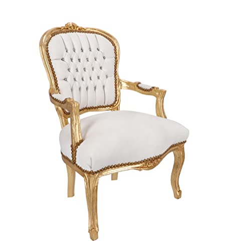 Way Home Store - Poltrona Barocco Luis Stile Francese Luigi XVI colorazione Oro e Ecopelle Color Bianco con Borchie -Poltrona Interamente in Legno - Dimensioni: 60 x 65 x 94 cm
