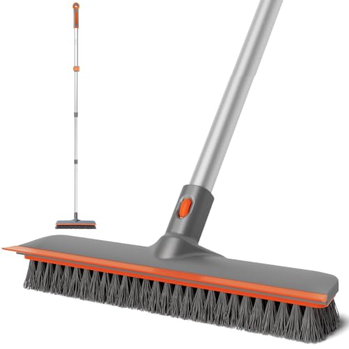 Image of Eazer 2-in-1 Long Handle Floor Scrub Brush, Soft /Hard Bristle Deck Brush with Squeegee, Garage Floor Cleaner for Tile /Concrete, Indoor /Outdoor for Kitchen, Bathroom Pool Deck - 12 inch W /60 inch H