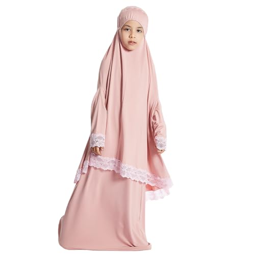 ODASDO Kids Prayer Dress Muslim Clothes for Girls Long Sleeve Abaya with Hijab Two Piece Maxi Islamic Skirt Jilbab Scarf Set4
