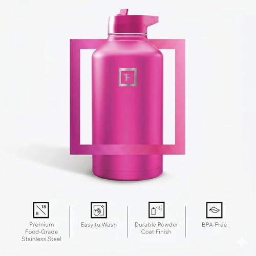 Image of IRON FLASK Camping & Hiking Hydration Flask with Straw, Wide Mouth Insulated Stainless Steel Sports Water Bottle - Pink Tulip 64 oz - Straw (1 Lid)