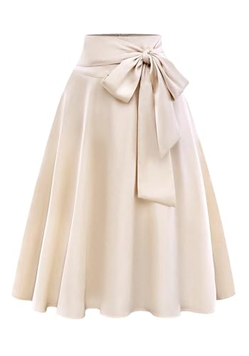Famnbro Womens Satin Maxi Skirt High Waist Tie Front A-Line Novelty Elegant Work Business Swing Skirts with Pocket