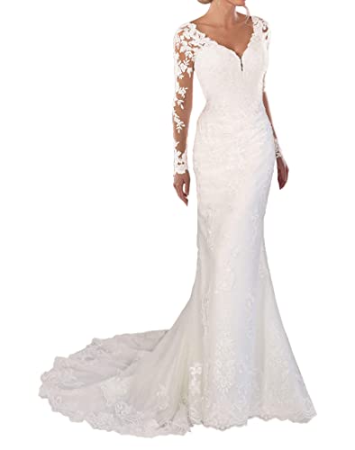Spitzen Hochzeitskleid V-Ausschnitt Brautmode Kleid mit Ärmel, WZEFEIO, Weiß, 36