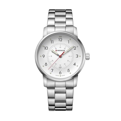 Wenger Relojes Hombre Avenue Ø 42mm, Suizos, Cuarzo, Impermeable 100m, Acero Inoxidable Pulsera, Cristal de Zafiro, Plata/Blanco/Plata, 01.1641.114