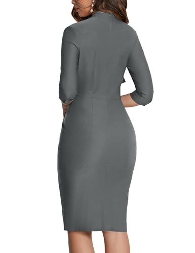 Image of MUXXN Women's Midi Pencil 1950s Vintage Cocktail 3 /4 Sleeve Tie Neck Bodycon Mid-Calf Dress with Pockets