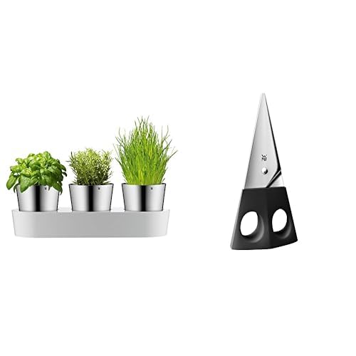 WMF Gourmet Kräutertopf mit Bewässerungssystem 3-teilig, Kräutergarten für die Küche, 36x 12,5X 12,5 cm, für frische Küchenkräuter, weiß & Kräuterschere Edelstahl Silber