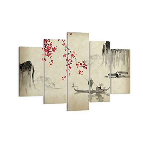 Moderne Impression sur Toile 150x100cm Image Tableau Decoration Murale Fleur Cerises Japon Tableaux Decoratifs Muraux Chambre Triptyque 5 parties Deco Cadre...