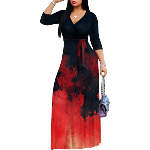 Image of PinkPatty Women's Print Maxi Dresses 3 /4 Sleeve Flowy Long Dress V Neck Wrap Tie Waist Sundress